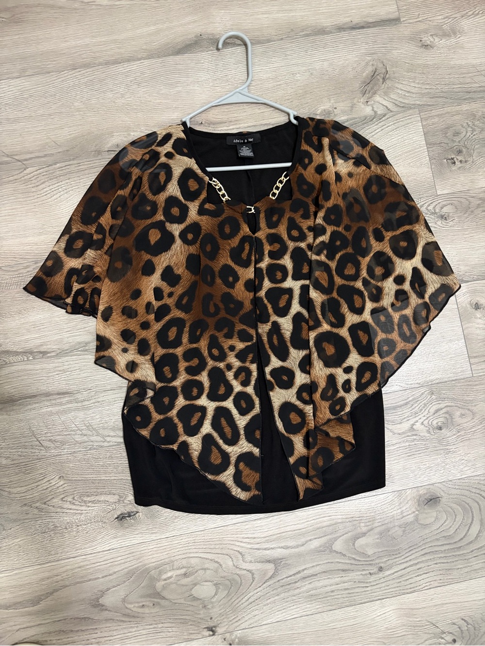 Leopard Print Capelet Blouse with Gold Chain Detail - Black/Brown